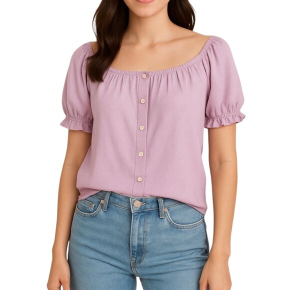 American Eagle Women's Lilac Purple Puff Sleeve Button Front Top Size M NWT - Picture 1 of 12